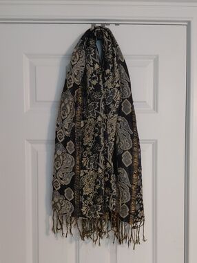 Black, Blue & Gold Paisley And Floral Scarf With Fringe, JNS